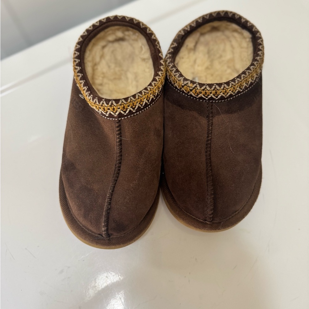 Brown Ugg Suede Slippers with Patterned Trim